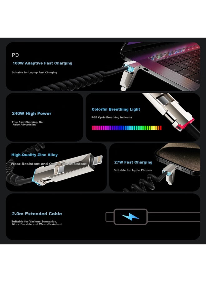 Double Magic Beemo Car Spring Data Cable Stretch 240W Fast Charging Cable Four-In-One Car Projection Screen Suitable For Apple/Huawei/Xiaomi/Honor/Samsung/Vivo/Oppo 2M Pink - Image 1