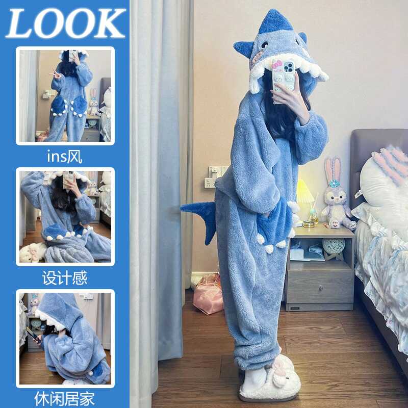 Cute Shark Hooded Fleece Pajamas Winter 2024 Shark jumpsuit