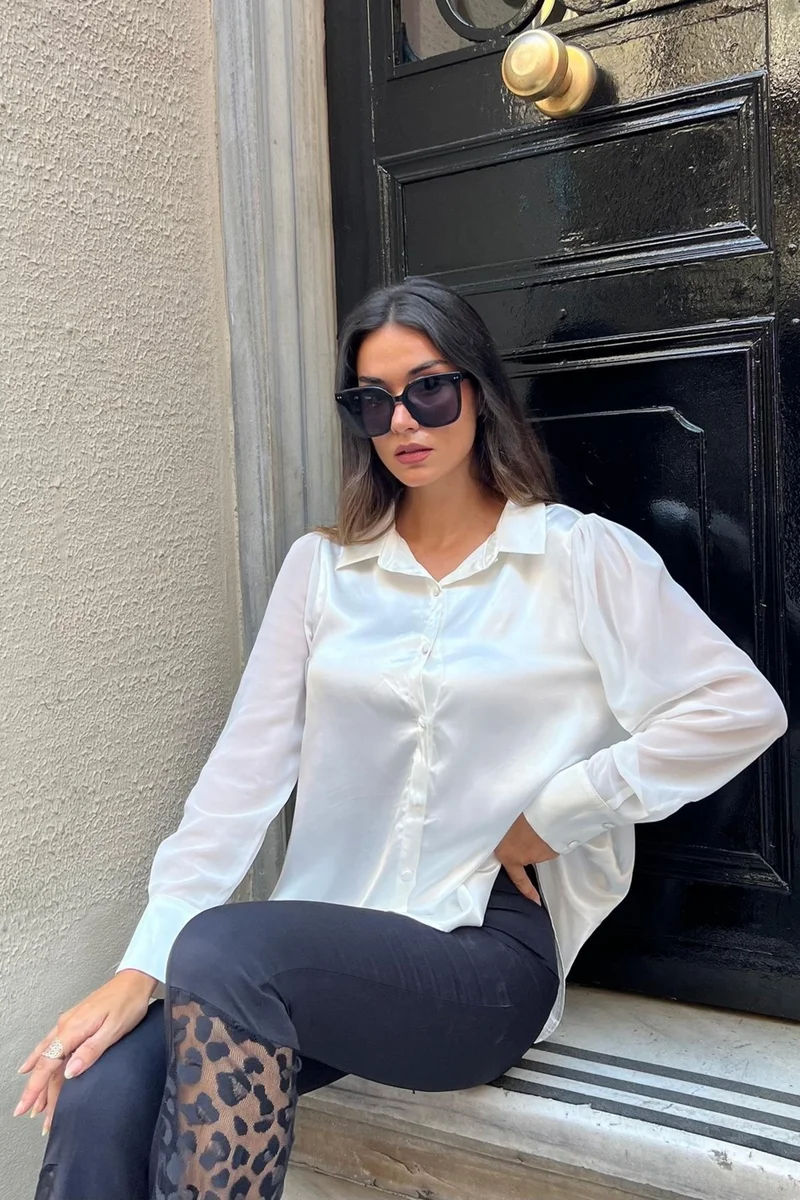 For You Limited Sleeve Chiffon Detailed White Satin Shirt
