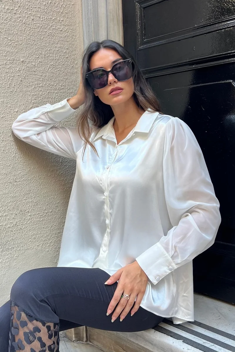 For You Limited Sleeve Chiffon Detailed White Satin Shirt