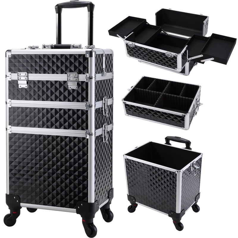FRENESSA 3 in 1 Rolling Makeup Train Case Professional Cosmetic Trolley Large Storage with Keys Swivel Wheels Salon Barber Case Traveling Cart Trunk for Make Up Hairstylists Nail Tech Vintage Black