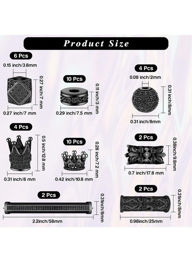 Kenning 40 Pieces King Crown Charms Round Zircon Rhinestone Beads Tube Cubic Zirconia Beads Diamond Cut Cube Bead Big Hole Spacer Beads For Jewelry Making Bracelet Connector Diy (Black Black Rhinestone) - Image 2
