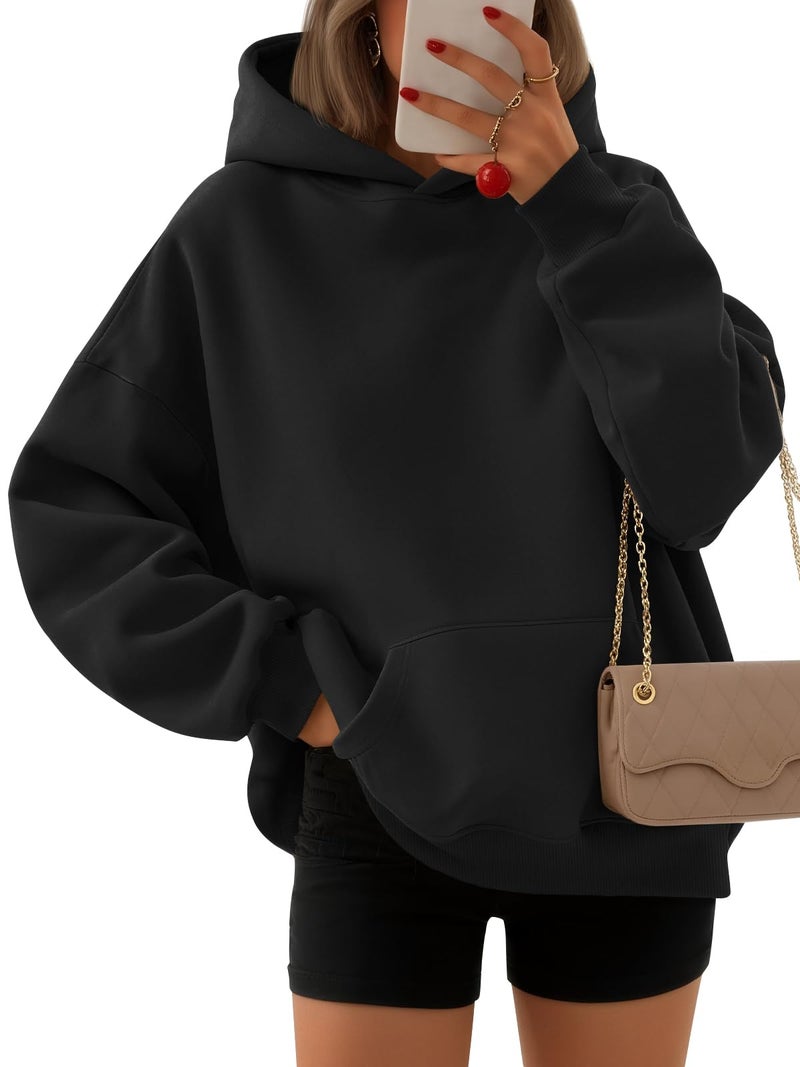 EFAN Women's Oversized Fleece Hoodie, Cozy Plush Pullover Sweatshirt with Pocket Black XS - Image 1