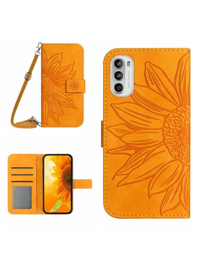 The Bros Case For Motorola Moto G82 5G/G52 4G/G71S Skin Feel Sun Flower Pattern Flip Leather Phone Case with Lanyard