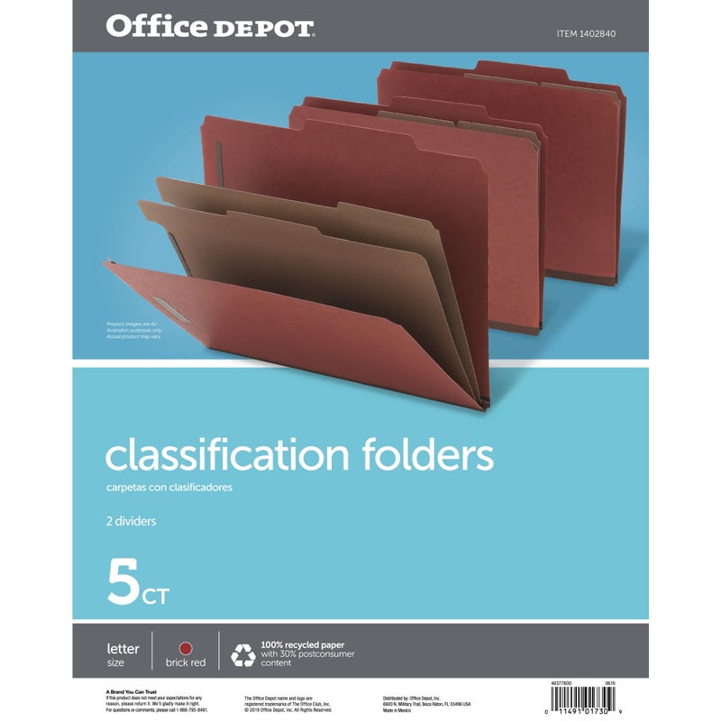 Office Depot Classification Folders, 2 1/2in. Expansion, Letter Size, 2 Dividers, Red, Pack Of 5, OM01730 - Image 2