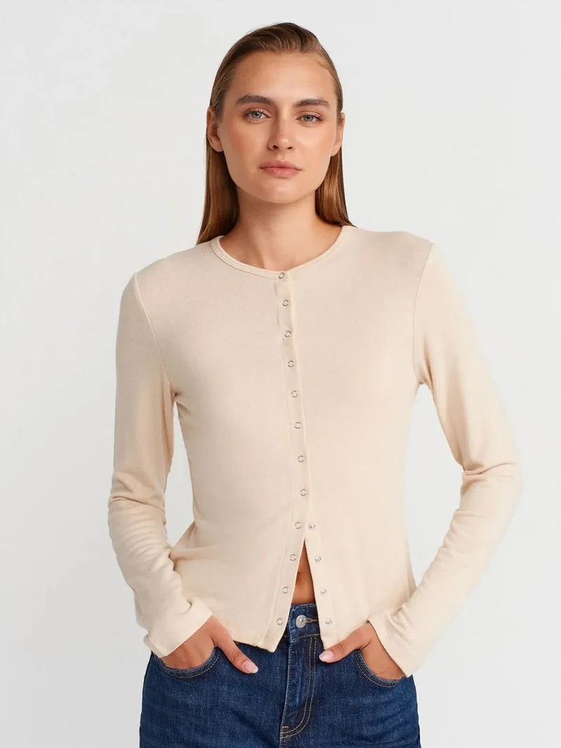 ديلفين Dilvin Ribbed Crew Neck Button Cardigan