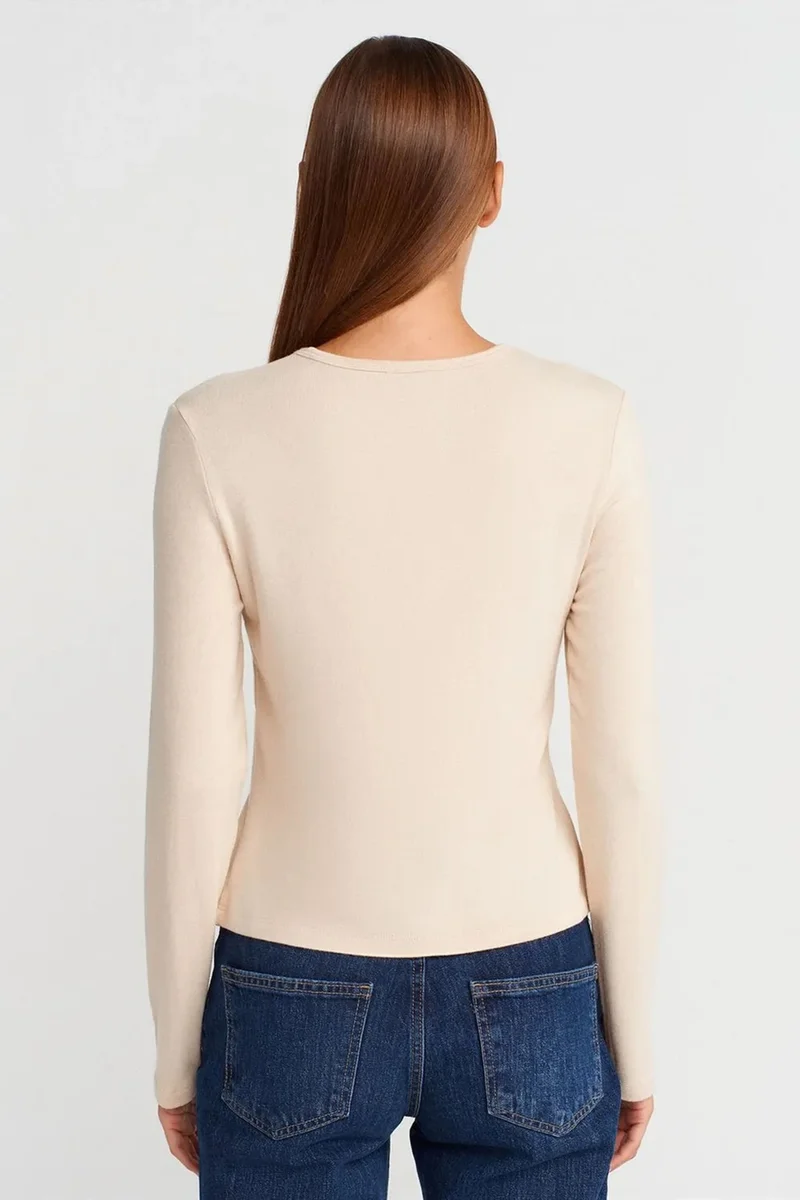 Dilvin Beige Natural DILVIN Ribbed Crew Neck Button Cardigan for Women | Best Price UAE
