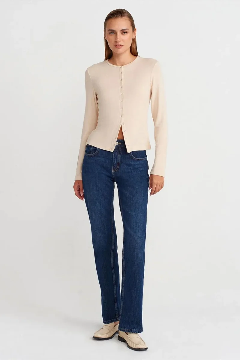 Dilvin Beige Natural DILVIN Ribbed Crew Neck Button Cardigan for Women | Best Price UAE