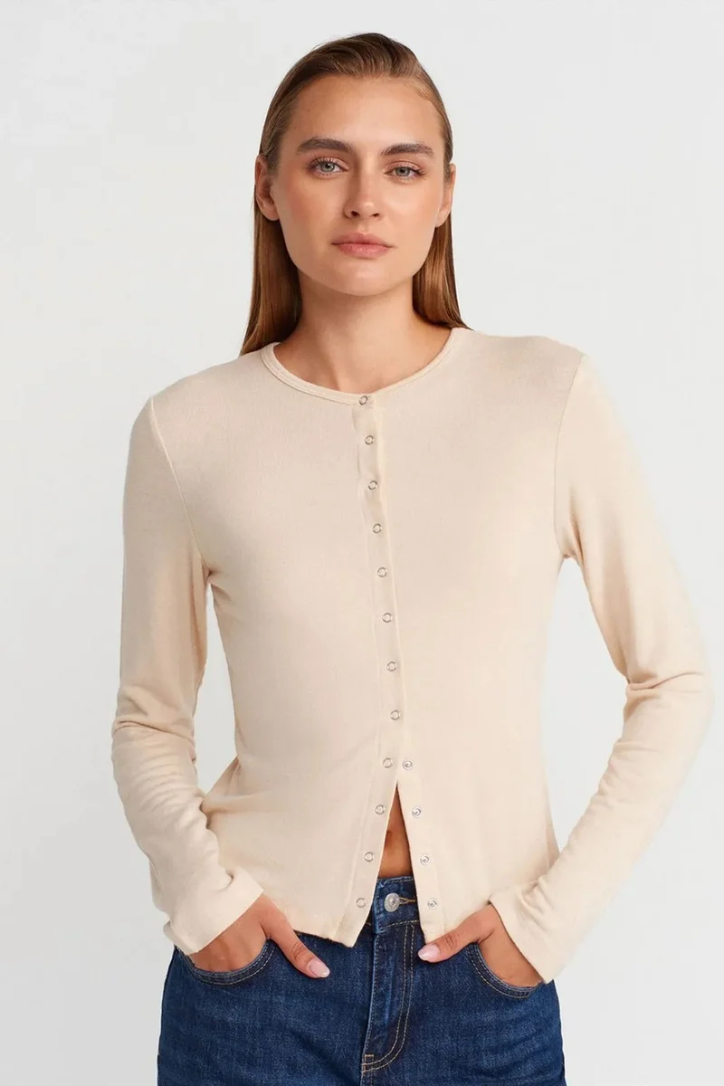 DILVIN Ribbed Crew Neck Button Cardigan
