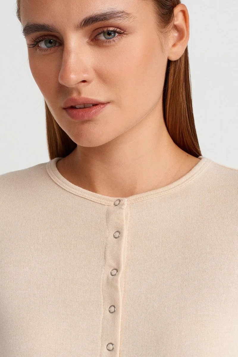 Dilvin Beige Natural DILVIN Ribbed Crew Neck Button Cardigan for Women | Best Price UAE