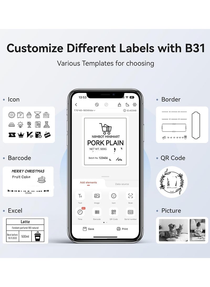 NIIMBOT B31 Thermal Label Maker Machine, Inkless Label Printer with 20-75mm Print Width, 3 Inch Portable Label Printer with 1 Roll 70*40mm White Tape, for Retail Small Business, for Barcode, Address, Logo, Tag Labeling, Bluetooth Thermal Sticker Maker Compatible with Smartphones & PC - Image 4