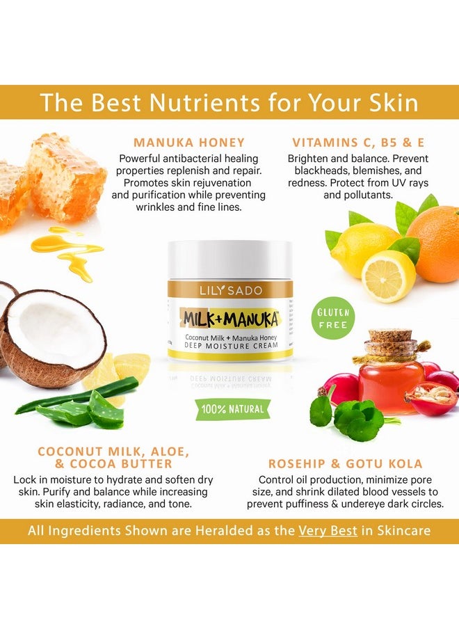 lily sado - LILY SADO MILK+MANUKA™ Coconut Milk and Manuka Honey Natural Face Moisturizer - Non Greasy Organic Facial Cream with Cocoa Butter and Gotu Kola - Amazing Anti-aging Formula - Image 1