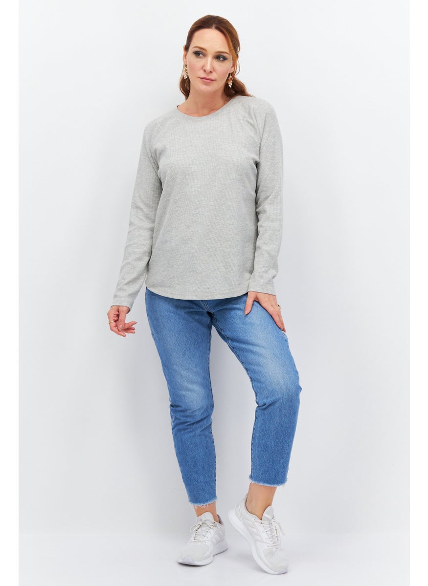 Eddie Bauer - Women Round Neck Long Sleeves Textured Shirt, Grey - Image 1
