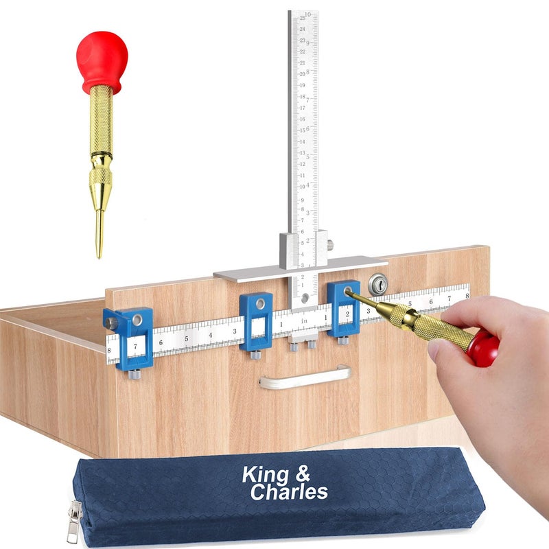 King&Charles Cabinet Hardware Jig, Metal Cabinet Handle Jig with Automatic Center Punch, Perfect Set - Avoid Jitter Caused by Direct Drilling, Use for Handles and Pulls on Drawers/Doors. - Image 1
