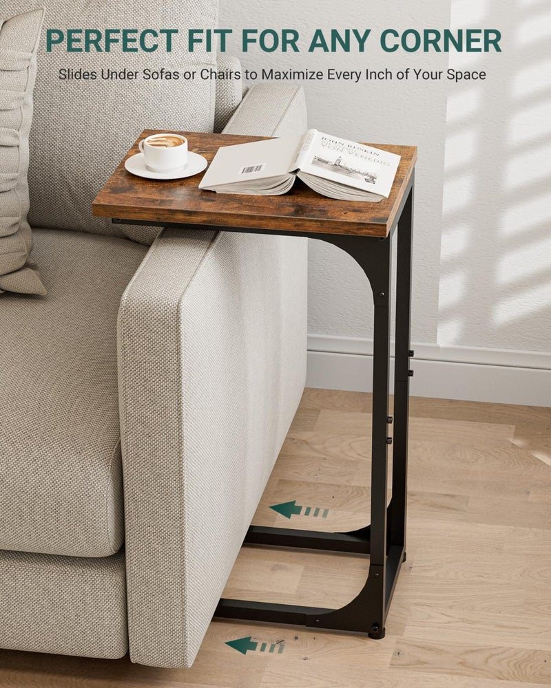 RISWER C-Shaped Side Table for Couch - Small Coffee Stand Sofa Tray Desk with Metal Frame and Waterproof Scratch Resistant, Modern End Accent for Living Room, Bedroom, Small Spaces, Rustic Brown - Image 5