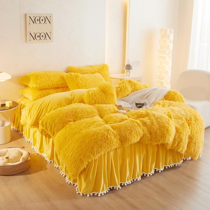 YELLOW FLUFFY COMFORTER SET FLUFFY PLUSH SHAGGY DUVET COVER 1 PIECES SET 1 FAUX FUR DUVET COVER VELVET BEDDING TWIN BED SETZIPPER CLOSURE YELLOW TWIN