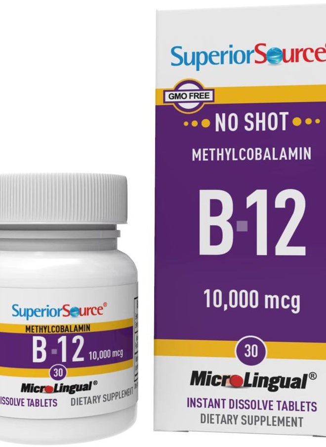 Superior Source No Shot Methylcobalamin B-12 10000 mcg - Vitamin B-12 to Support Energy Production, Brain Health & Overall Wellness - Sublingual Tablets for Quick Absorption - 30 Dissolving Tablets  - Image 1
