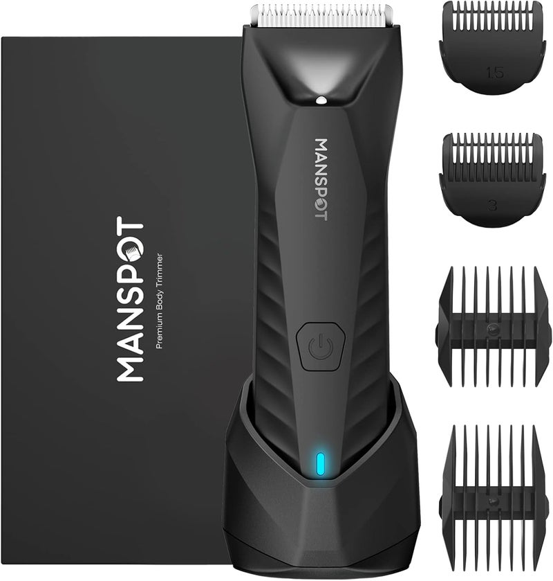 MANSPOT Manscape Body  Pubic Hair Trimmer for Men Electric Groin Hair Trimmer Replaceable Ceramic Blade HeadsWaterproof for WetDry UseStanding Recharge Dock90 Minutes ShavingBlack