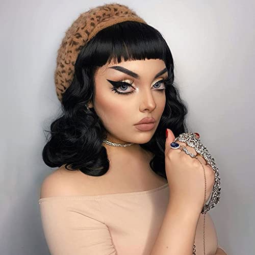 G&T Wig Rockabilly Vintage Wigs for Women, Short Black Wig with Bangs, Shoulder Length Heat Resistant Short Curly Bettie Page Wigs for Cosplay & Daily Use - Image 2