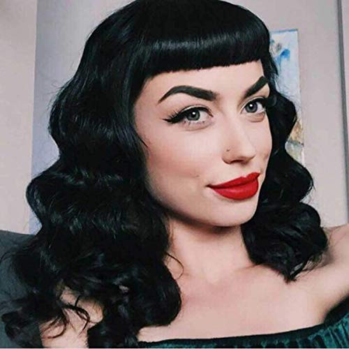 G&T Wig Rockabilly Vintage Wigs for Women, Short Black Wig with Bangs, Shoulder Length Heat Resistant Short Curly Bettie Page Wigs for Cosplay & Daily Use - Image 1