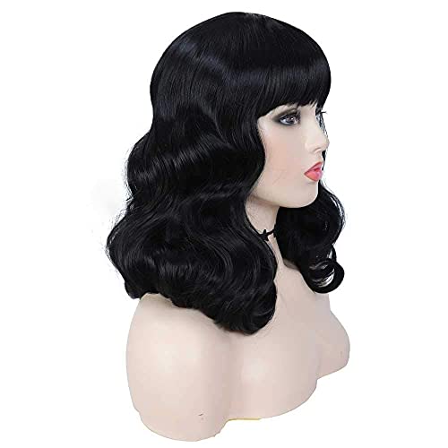 G&T Wig Rockabilly Vintage Wigs for Women, Short Black Wig with Bangs, Shoulder Length Heat Resistant Short Curly Bettie Page Wigs for Cosplay & Daily Use - Image 4