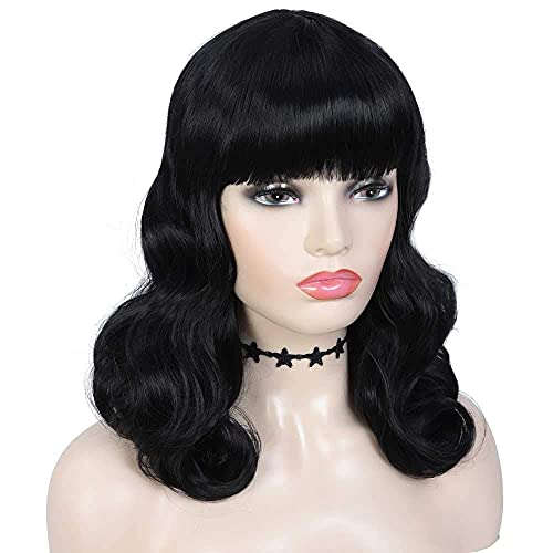 G&T Wig Rockabilly Vintage Wigs for Women, Short Black Wig with Bangs, Shoulder Length Heat Resistant Short Curly Bettie Page Wigs for Cosplay & Daily Use - Image 3