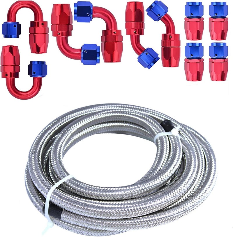 Partschoice Universal Oil Fuel Line Hose 20Ft AN-6 Stainless Steel Braided with 10PC Swivel Fitting Hose Ends Adapter Kit, Blue & Red - Image 1