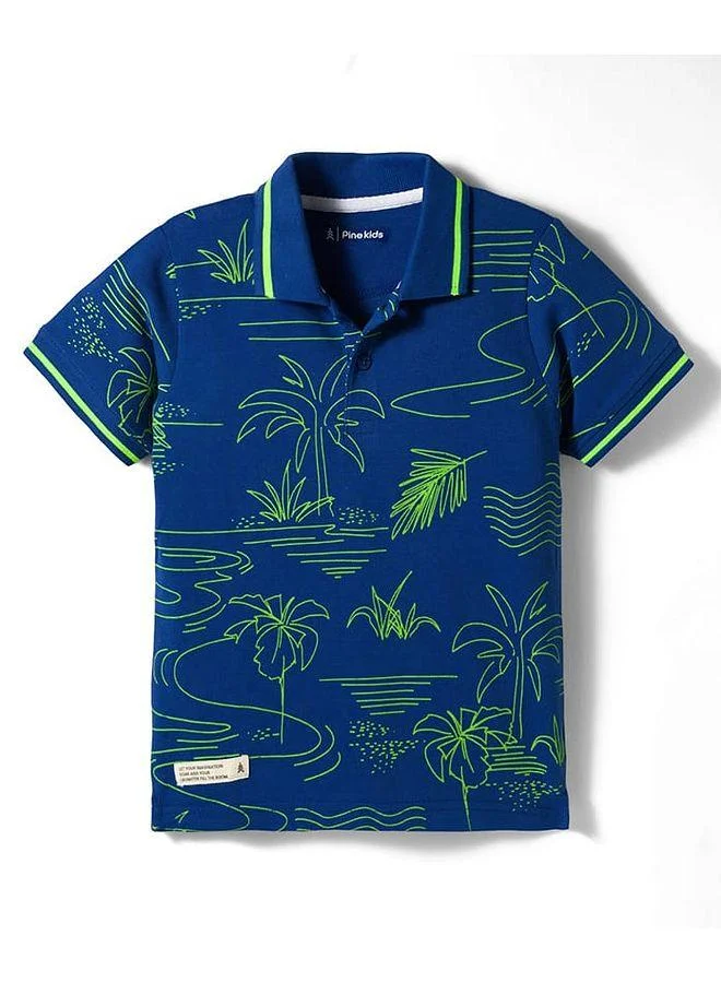 Pine Kids Pine Kids Cotton Knit Polo T-Shirt with Beach Theme Print - Navy Blue