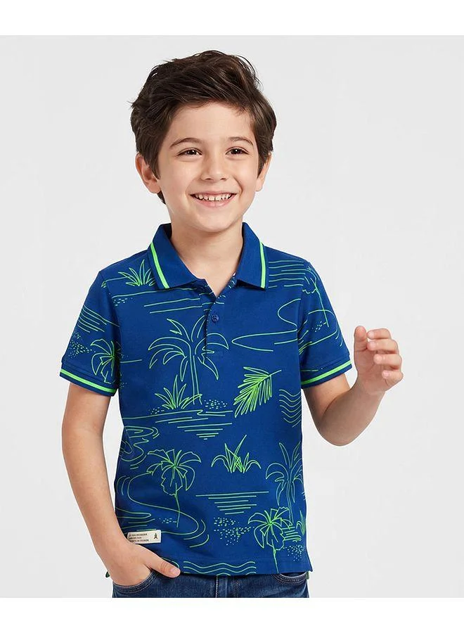 Pine Kids Pine Kids Cotton Knit Polo T-Shirt with Beach Theme Print - Navy Blue