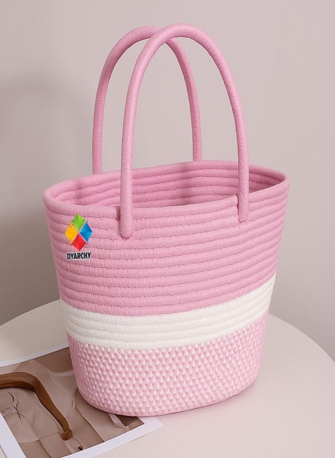 DYARCHY Cute Design Cotton Rope Storage Basket with Handles (PINKWHITE) - Image 1