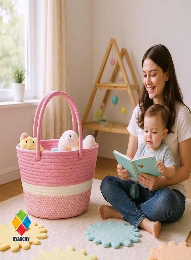 DYARCHY Cute Design Cotton Rope Storage Basket with Handles (PINKWHITE) - Image 3