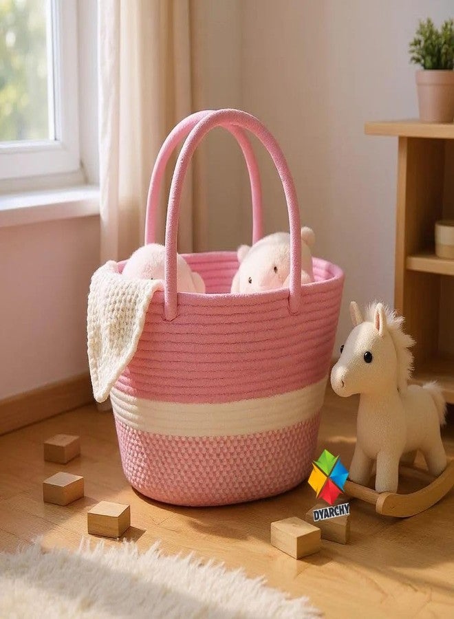 DYARCHY Cute Design Cotton Rope Storage Basket with Handles (PINKWHITE) - Image 4