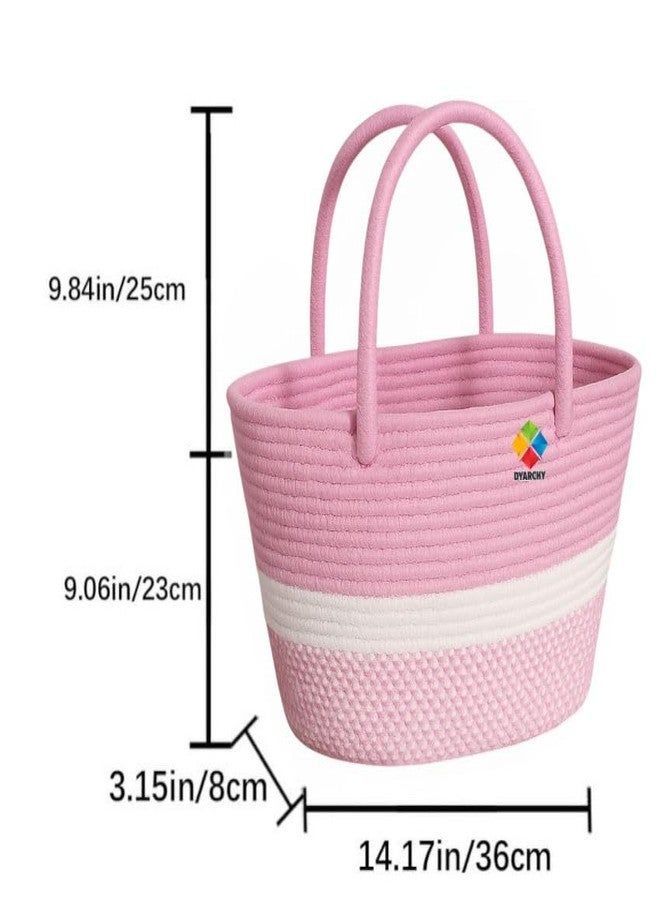 DYARCHY Cute Design Cotton Rope Storage Basket with Handles (PINKWHITE) - Image 2