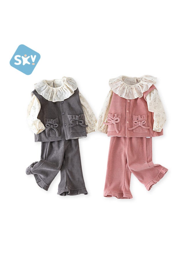 Shubeiyi Girls' New Spring And Autumn Stylish Baby Shirt Vest And Pants Set For Outdoor Wear, Pink, Size 130