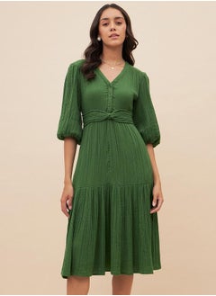 Femmella Textured Balloon Sleeve A-Line Midi Dress with Knot Detail by Styli  - Image 1