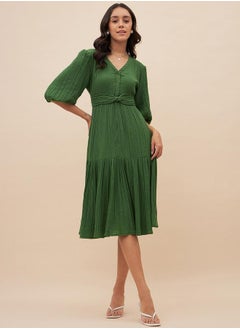 Femmella Textured Balloon Sleeve A-Line Midi Dress with Knot Detail by Styli  - Image 5