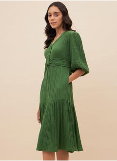 Femmella Textured Balloon Sleeve A-Line Midi Dress with Knot Detail by Styli  - Image 2