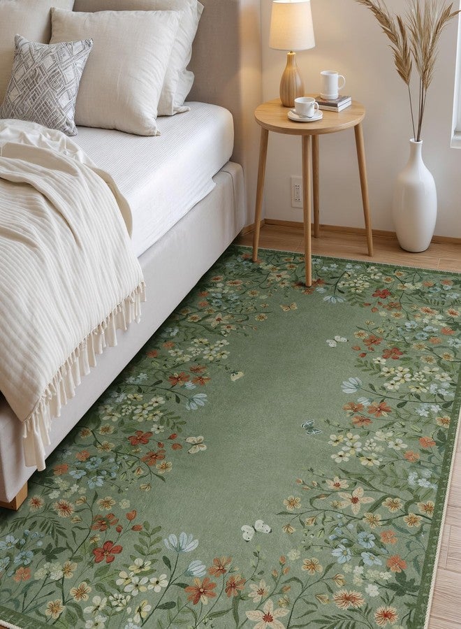 Wonnitar Washable Area Rugs 5x7 Green Floral Pattern Bedroom Rug Lint Free Living Room Throw Botanical Dining Room Floor Rug for Bedside Table Nursery Girls - Image 2
