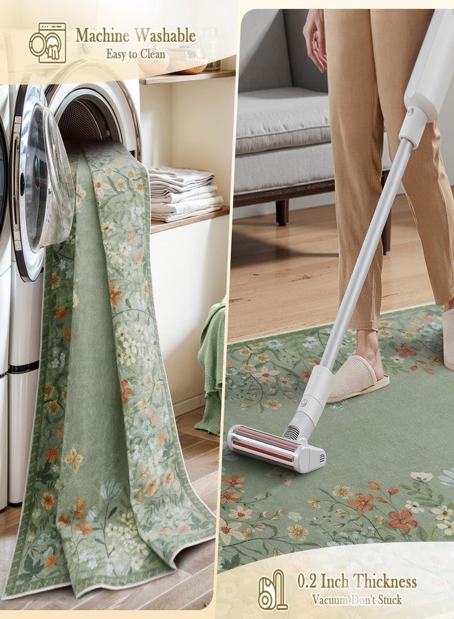 Wonnitar Washable Area Rugs 5x7 Green Floral Pattern Bedroom Rug Lint Free Living Room Throw Botanical Dining Room Floor Rug for Bedside Table Nursery Girls - Image 4