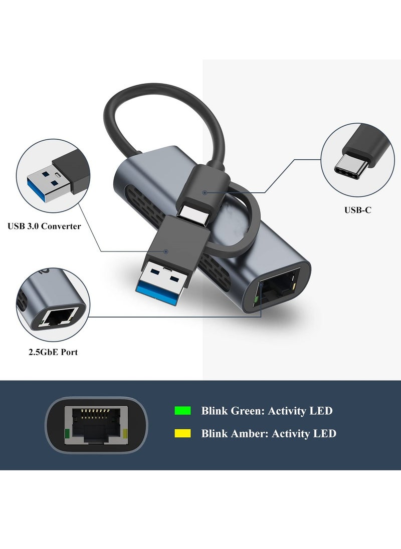SYOSI - USB to 2.5G Ethernet Adapter, 2-in-1 USB C/USB 3.0 Ethernet Adapter for Laptop Compatible, USB-C to RJ45 Network Converter, Thunderbolt 4/3 Compatible, for Windows, Mac OS, iPad OS and More - Image 1
