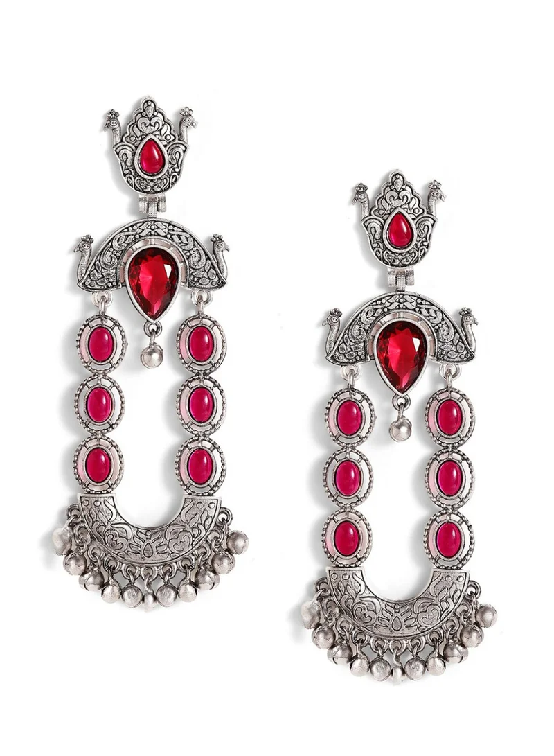 برياسي Oxidized Stone Studded Contemporary Drop Earrings