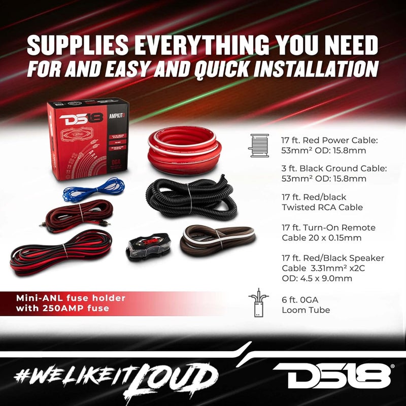 DS18 AMPKIT0 0 Gauge CCA Complete Amp Wiring Kit - Amplifier Install Wiring 1/0 Ga Amp Kit Pro Installation Cables Up to 3500 Watts with ANL Fuse Holder 250A - Image 3