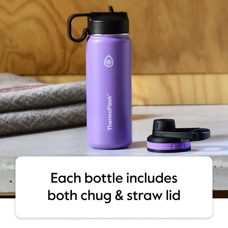 ThermoFlask زجاجة ثيرمو فلاسک مع غطاء شرب وغطاء قشة - زجاجة ماء معزولة من الفولاذ المقاوم للصدأ مع أغطية مانعة للتسرب - زجاجة وأغطية قابلة لإعادة الاستخدام آمنة في غسالة الصحون - زجاجة متينة، 2 قشة و2 غطاء - 24 أونصة، برقوق - Image 3