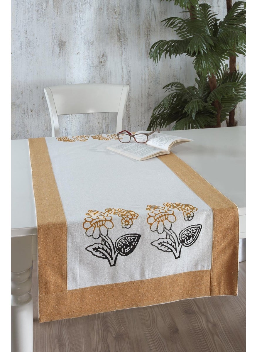 Ödel Home Buldan Linen Bordered Stone Printed Flower Patterned Runner  - Image 1