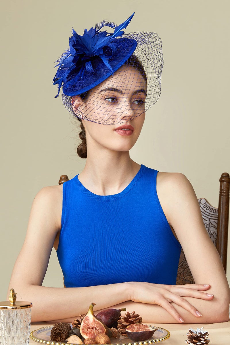 BABEYOND قبعة فاسيوناتر من BABEYOND مع حجاب وريشة لحفلات الشاي وحفلات الزفاف باللون الأزرق الملكي - Image 5