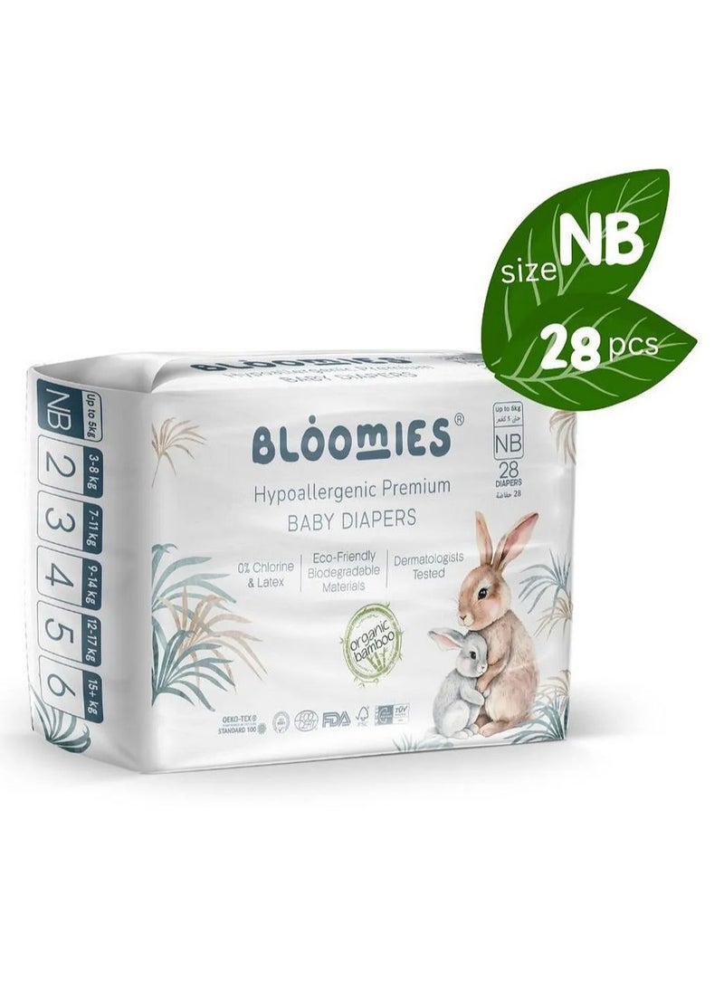 Bloomies Bloomies Bamboo Hypoallergenic Premium Baby Tape Style Diapers, Biodegradable, Chlorine Free, Latex Free, Newborn - 28 Pieces 