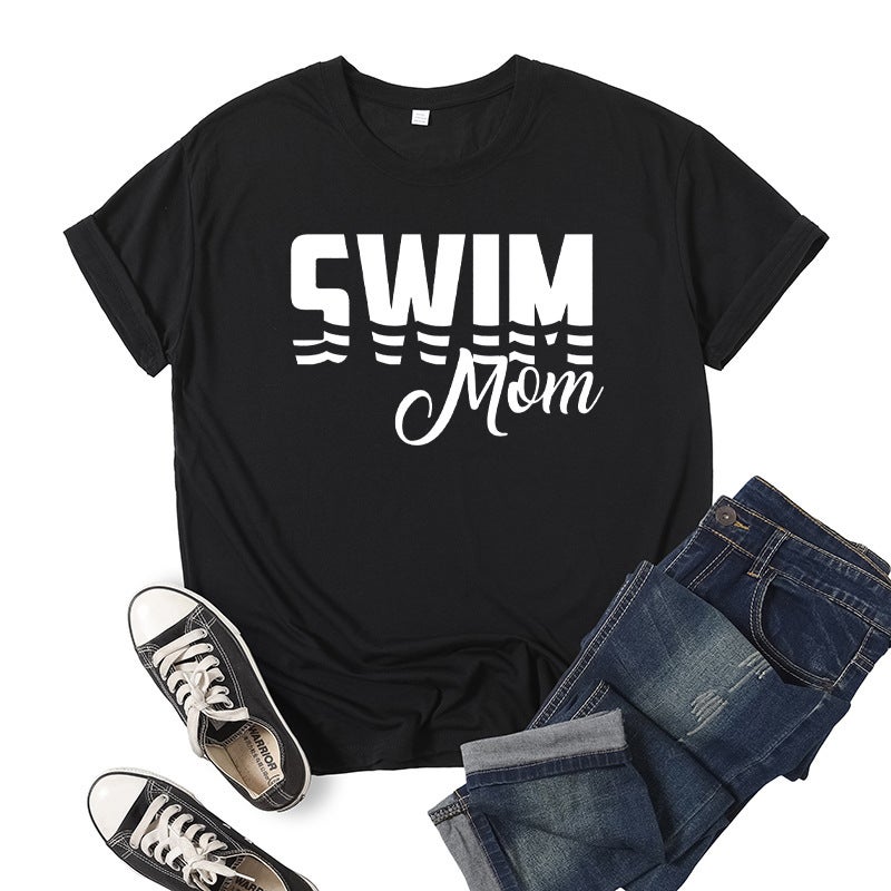 Foreign Trade Cross-border Swimming Mom Swim Mom Printed Short-sleeved Round Neck T-shirt European and American Mens and Womens Top Loose Casual Black 