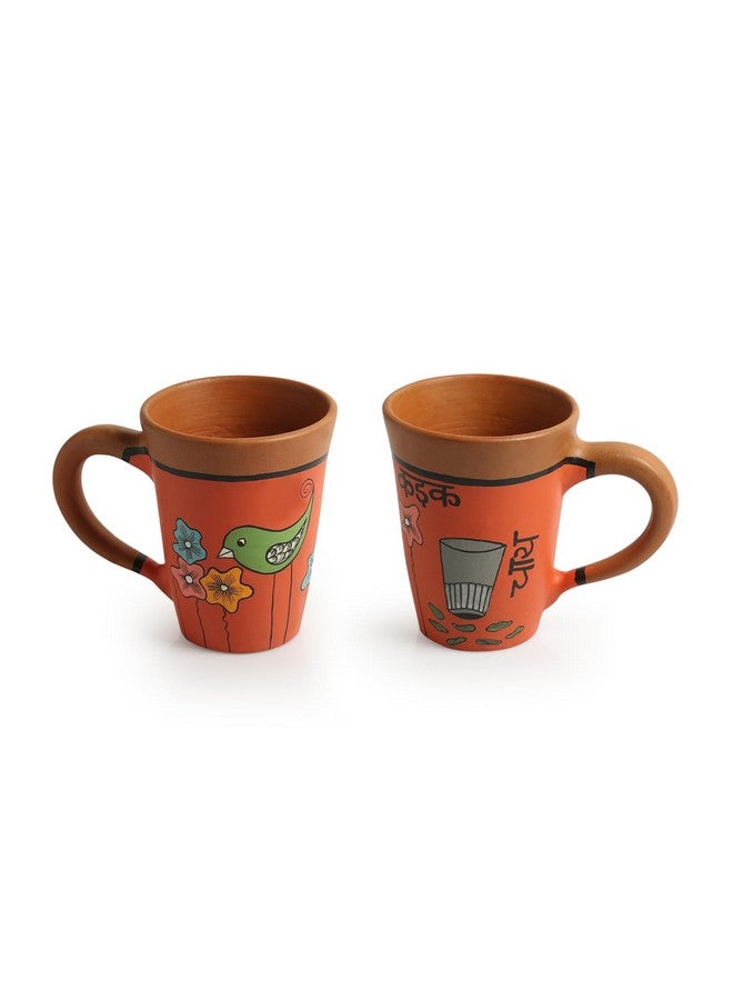 ExclusiveLane أكواب الشاي 'تشاي بيرديس' من الطين المحروق | مجموعة أكواب الشاي المصنوعة يدويًا والمزخرفة يدويًا (مجموعة من 2، 250 مل، برتقالي) - Image 2