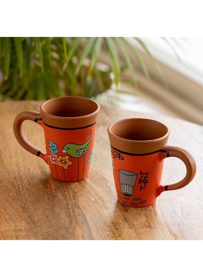 ExclusiveLane أكواب الشاي 'تشاي بيرديس' من الطين المحروق | مجموعة أكواب الشاي المصنوعة يدويًا والمزخرفة يدويًا (مجموعة من 2، 250 مل، برتقالي) - Image 1