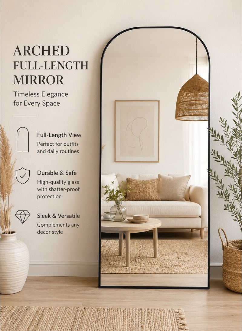 Vphom Full-Length Arched Floor Mirror (71" x 28") – Premium Black Aluminum Alloy Frame, HD Glass Full Body Mirror | Elegant Rounded Top Design for Bedroom, Living Room & Dressing Area | Freestanding, Wall-Mounted, or Leaning (180 x 70 cm) - Image 1